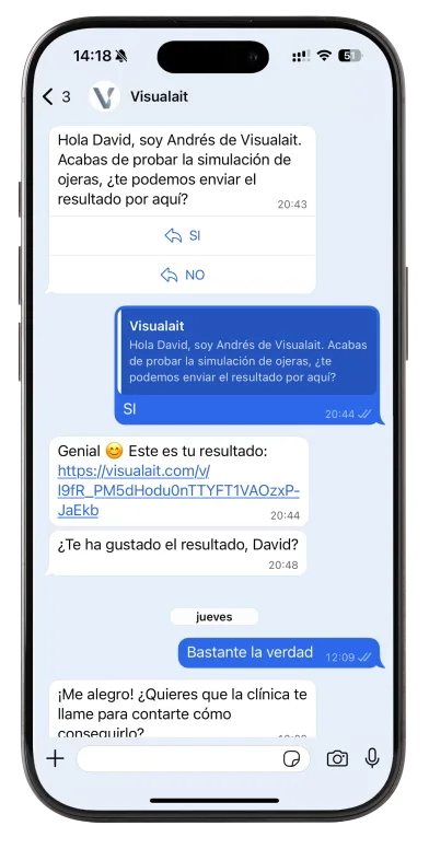 Conversación de Whatsapp en la que el paciente recibe su resultado